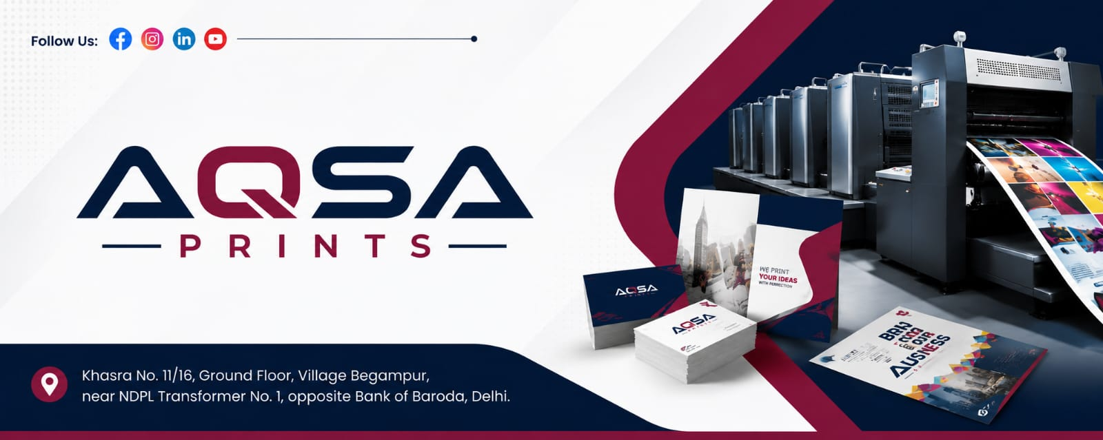 AQSA Prints banner featuring commercial printing equipment and print products