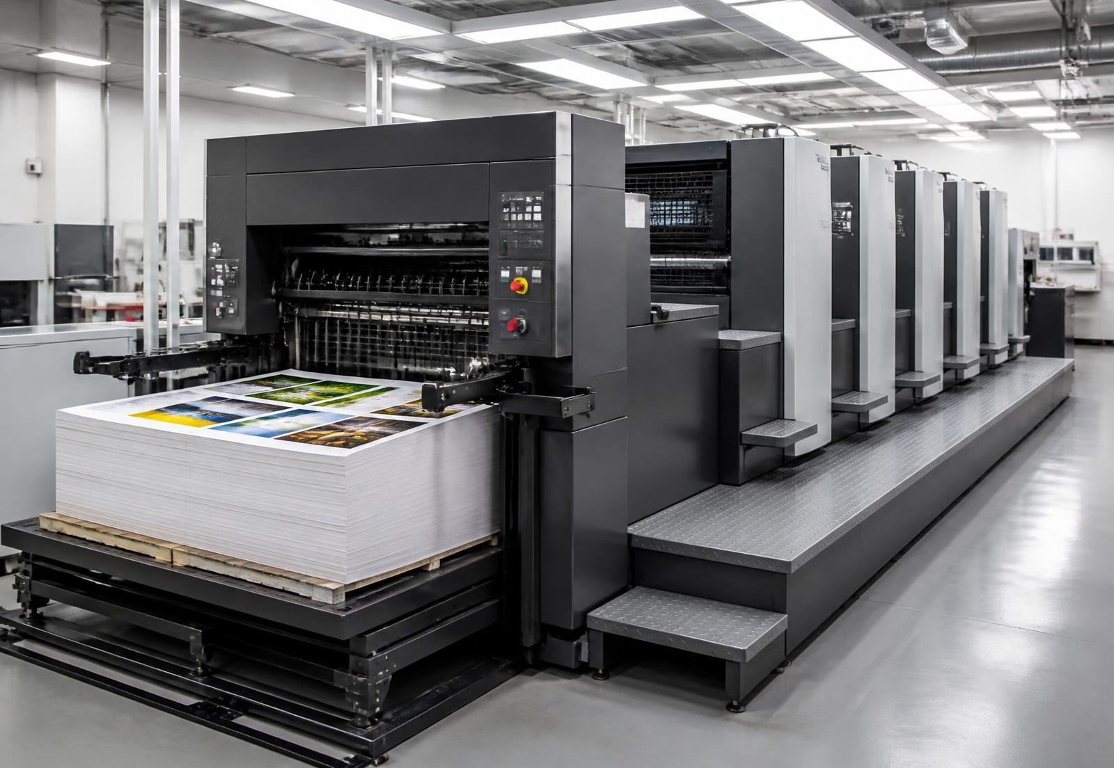Commercial offset printing press with printed sheets