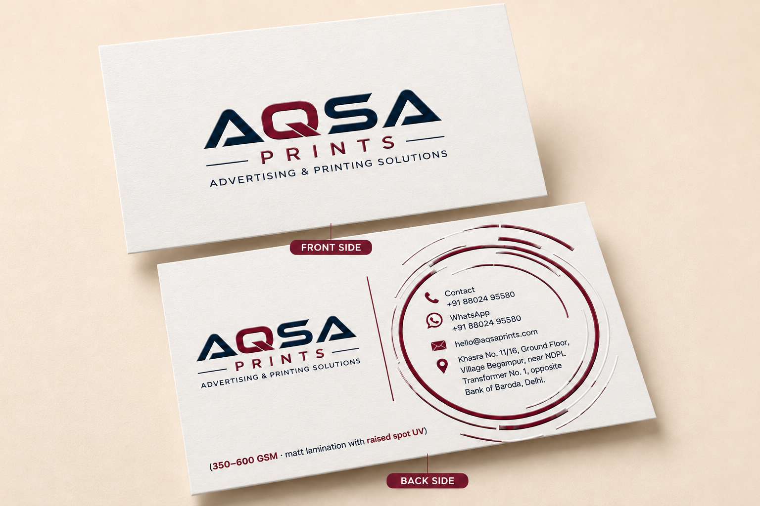 AQSA Prints branded visiting cards with contact details
