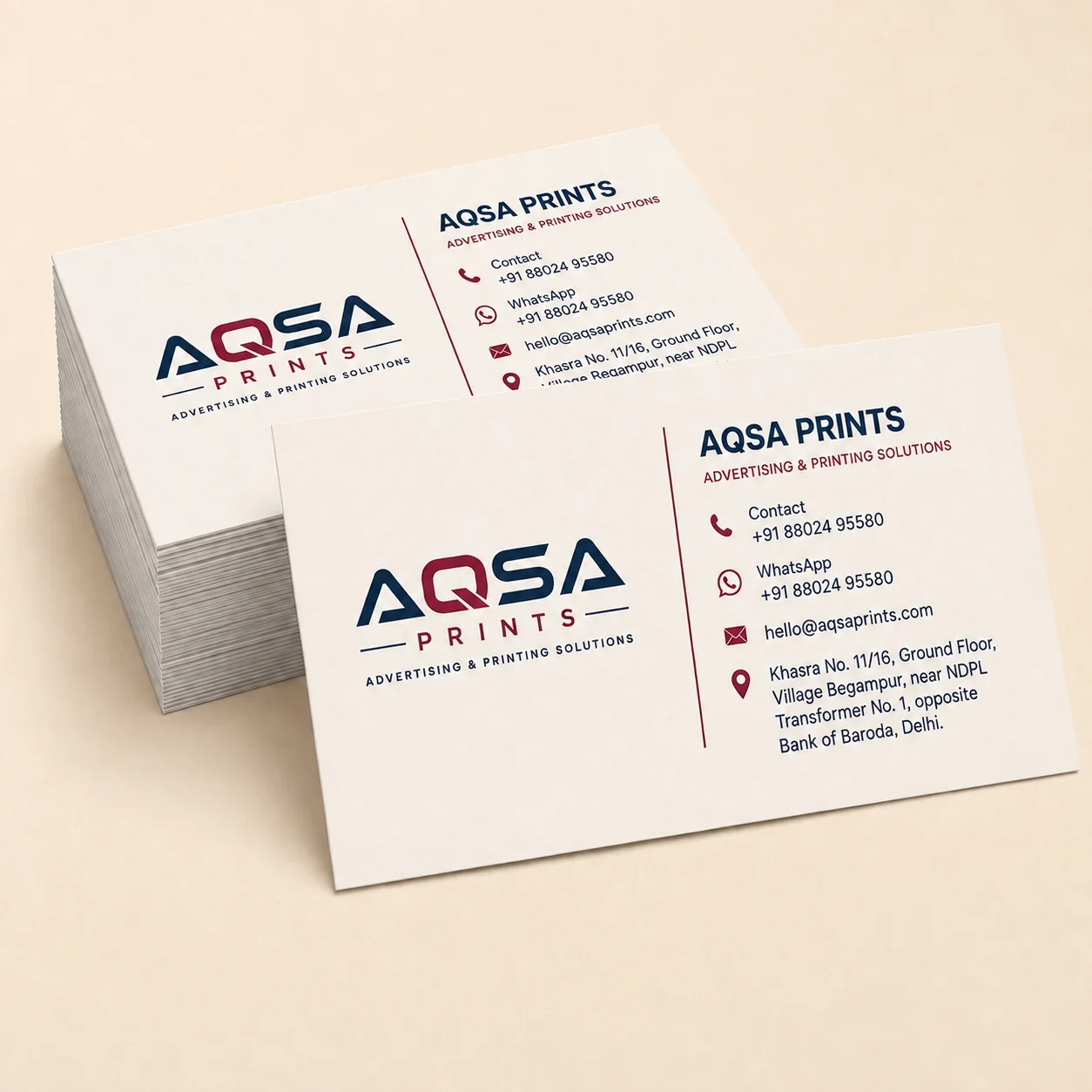 AQSA Prints branded business cards with contact details