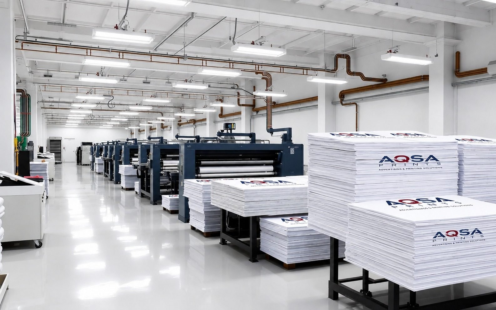Freshly printed sheets stacked for finishing