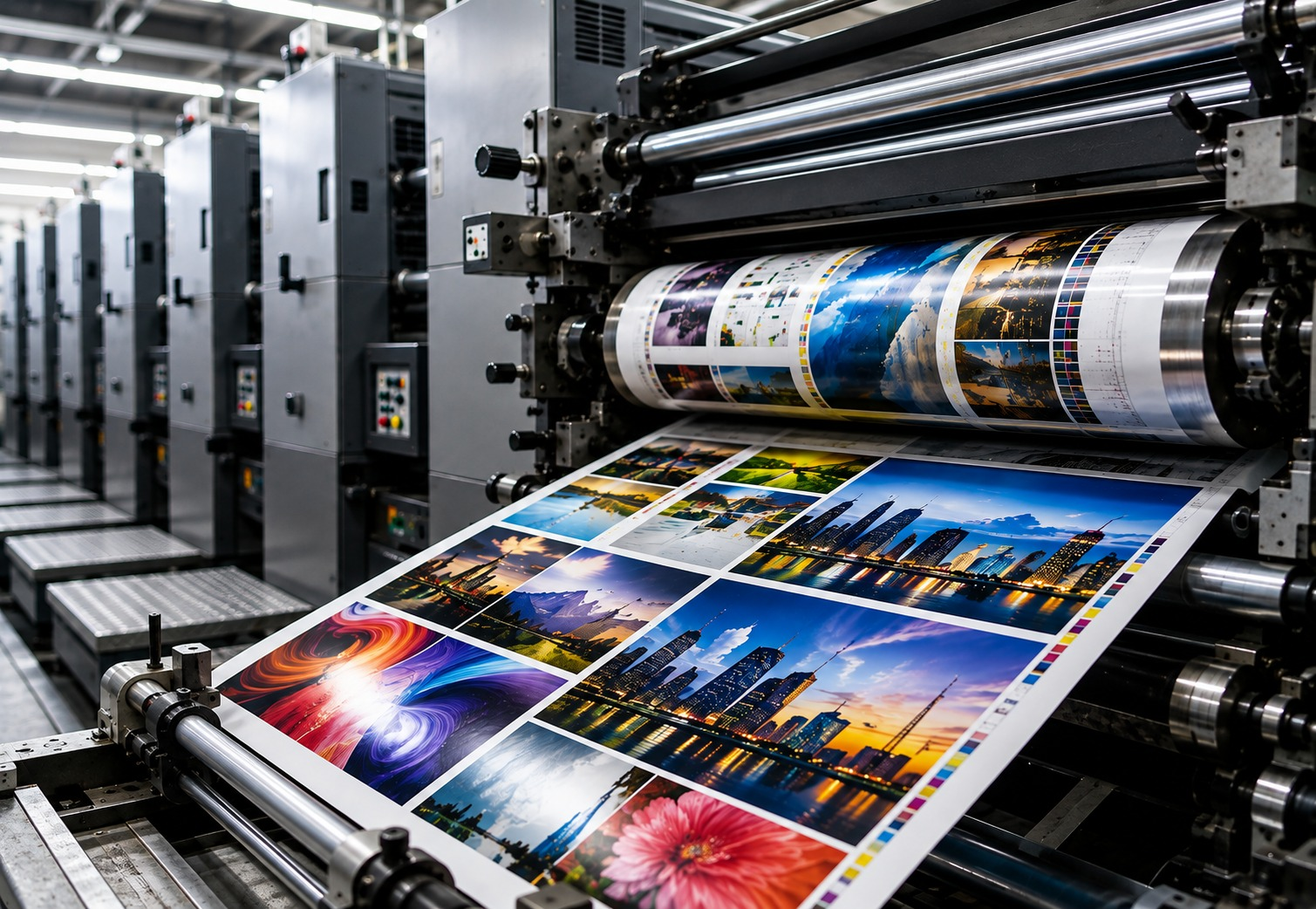 Commercial offset printing press with printed sheets