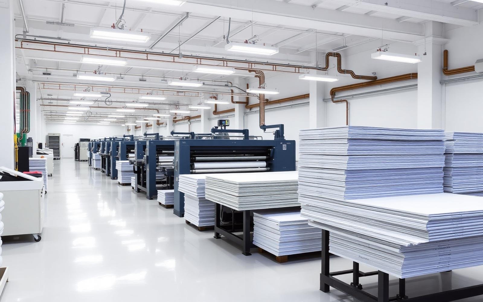 Freshly printed sheets stacked for finishing