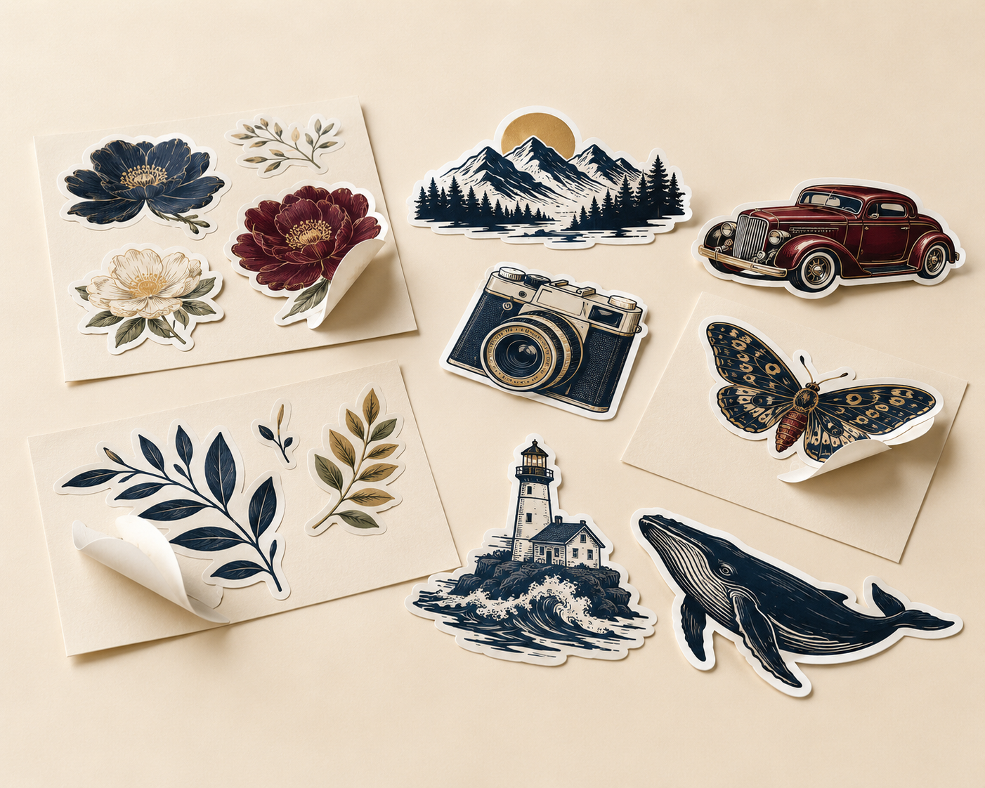 Assorted custom contour-cut stickers on backing sheets