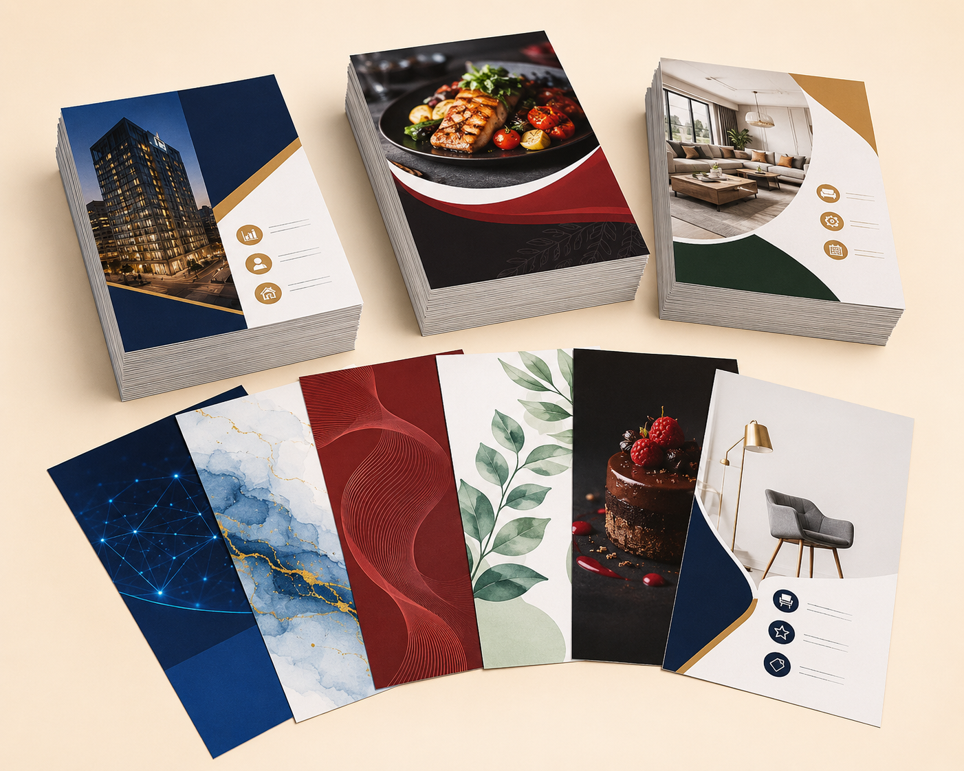 Stacks and fan of full-colour printed flyers
