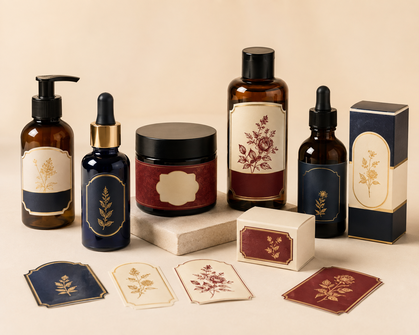 Premium custom product labels applied to bottles and boxes