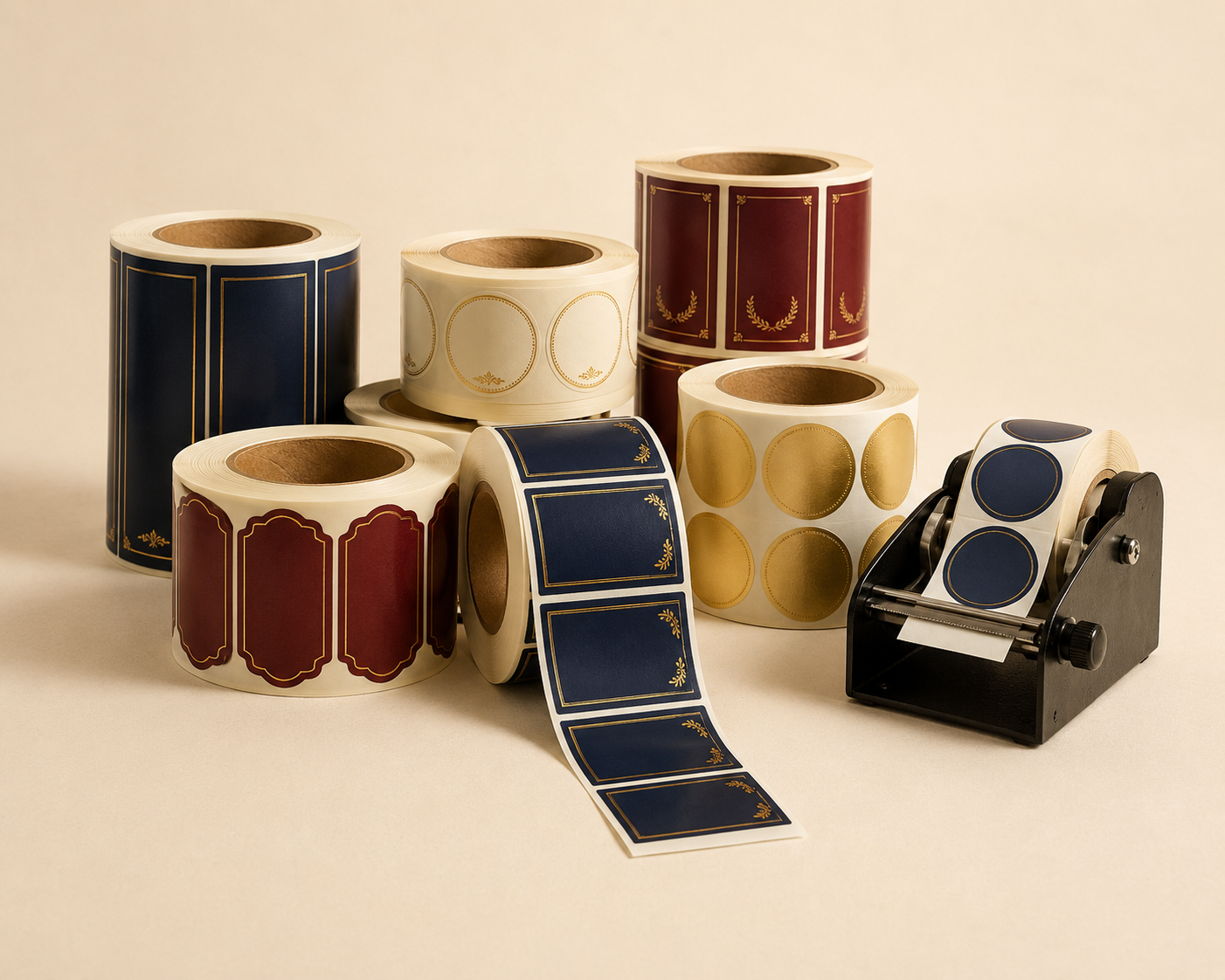 Printed self-adhesive label rolls with tabletop dispenser