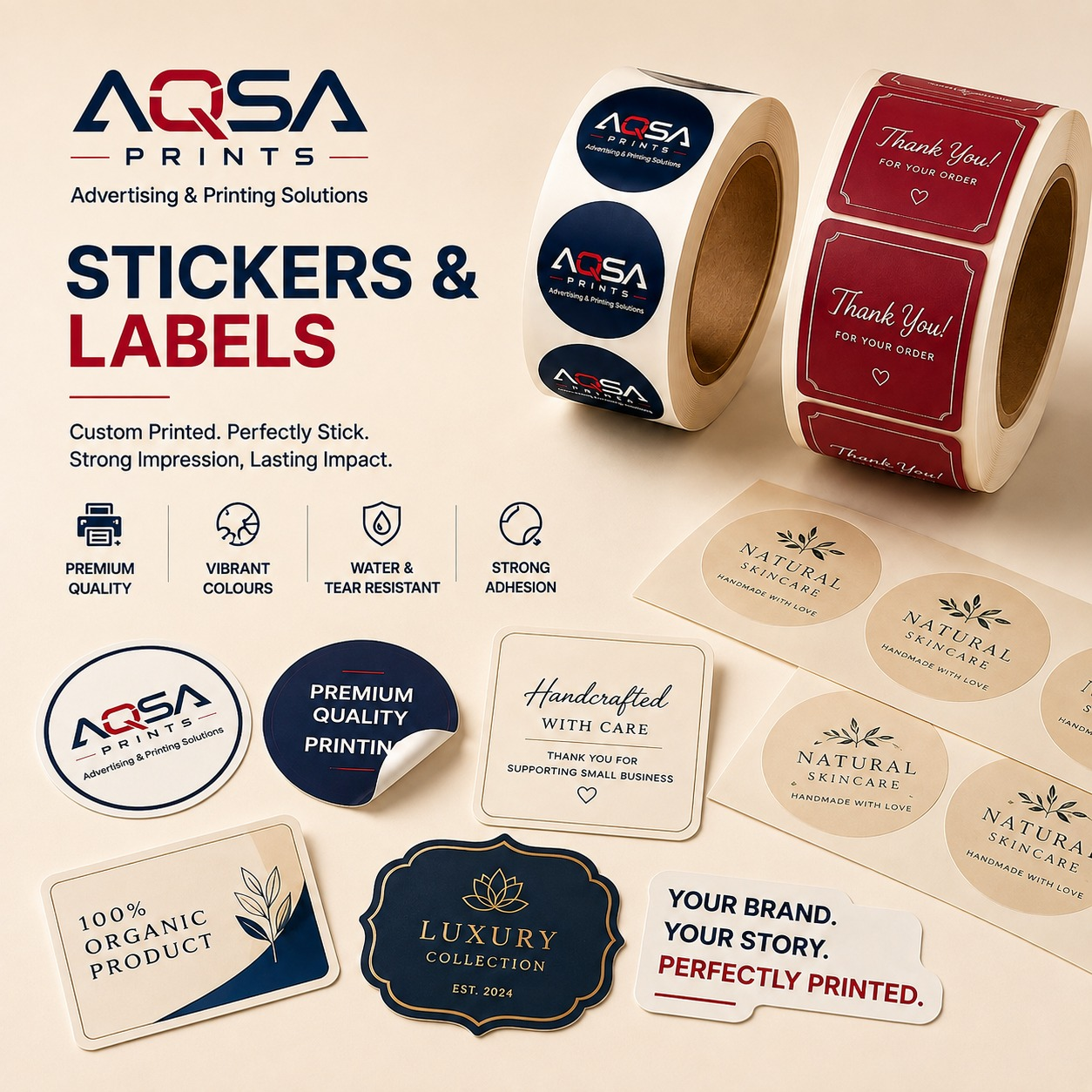 AQSA Prints custom stickers and printed label rolls